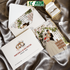 Lấy cảm hứng từ khu vườn ngập hoa và hình minh họa Chibi cô dâu chú rể, mẫu thiệp mang đến cảm giác vui tươi, gần gũi nhưng vẫn trang nhã. Kết hợp các chi tiết bế hình giúp bộ thiệp nổi bật ngay từ lần mở đầu tiên.