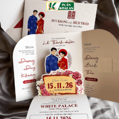 Bộ thiệp nổi bật với hình nổi PopUp cô dâu chú rể mặc áo dài truyền thống kết hợp biểu tượng song hỷ và tông đỏ chủ đạo. Thiết kế mang vẻ trang trọng, đậm bản sắc Việt, phù hợp cho những lễ cưới đề cao giá trị gia đình và nét đẹp văn hóa.